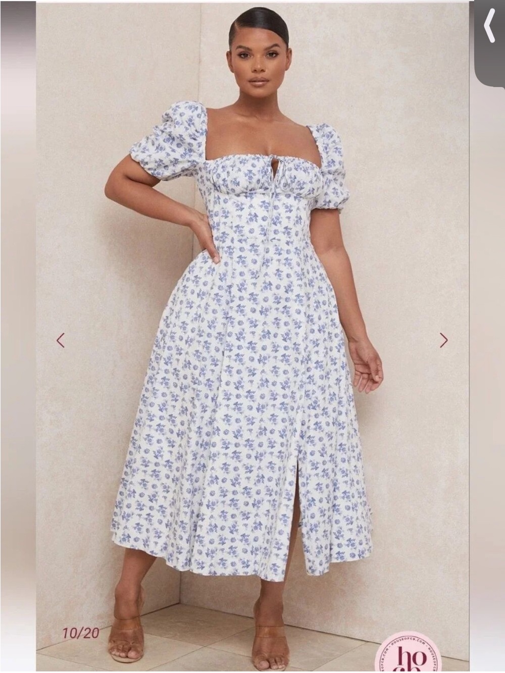 House of CB - Blue Floral Puff-Sleeve Midi Dress